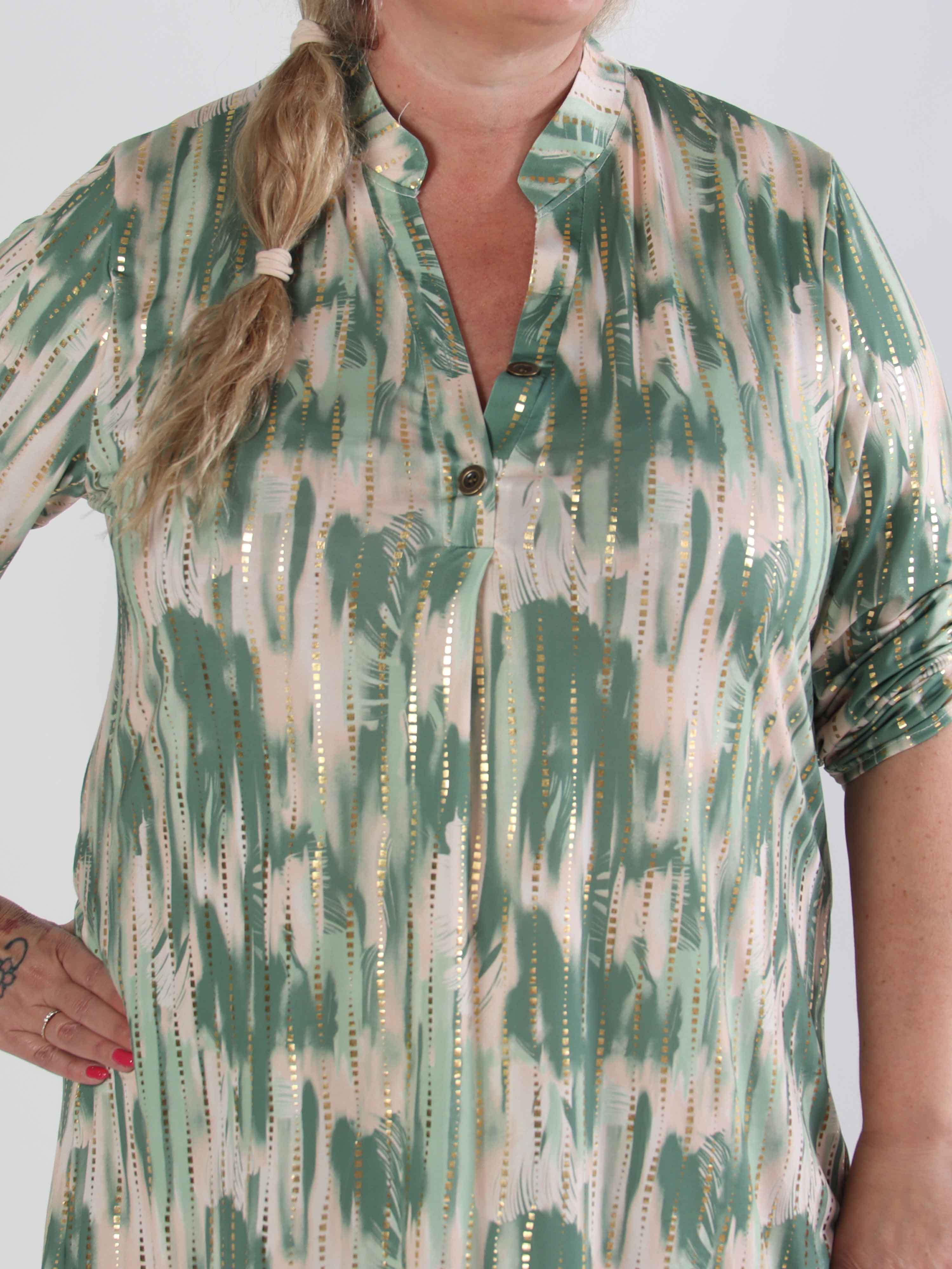 Ebba Pattern Long - Elastisk mønstret plus size kjole med guld detaljer